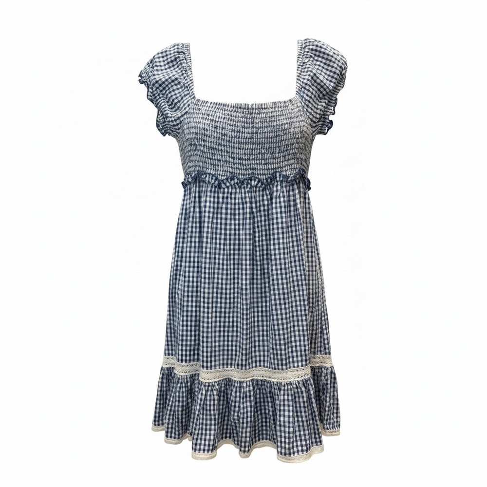 Blue Gingham rusched dress